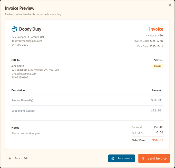 Doody Duty Invoice Preview