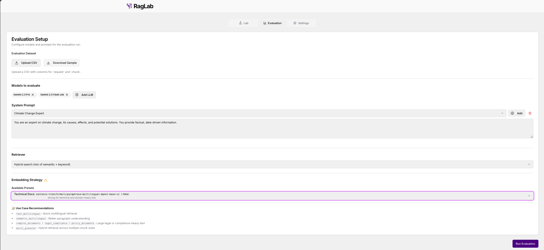 RagLab Evaluation Setup